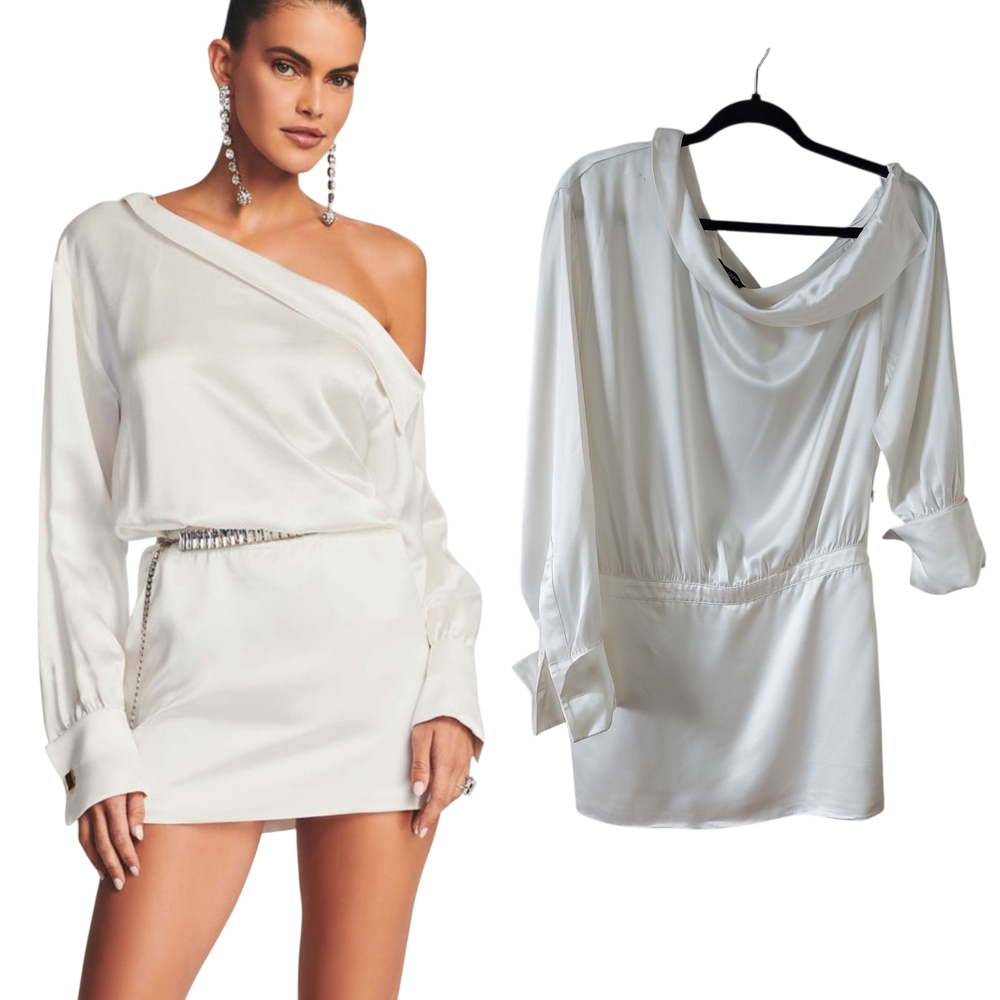 Retrofete Satin Asymmetrical Off Shoulder Cowl Neckline‎ Mini Elio Dress Medium